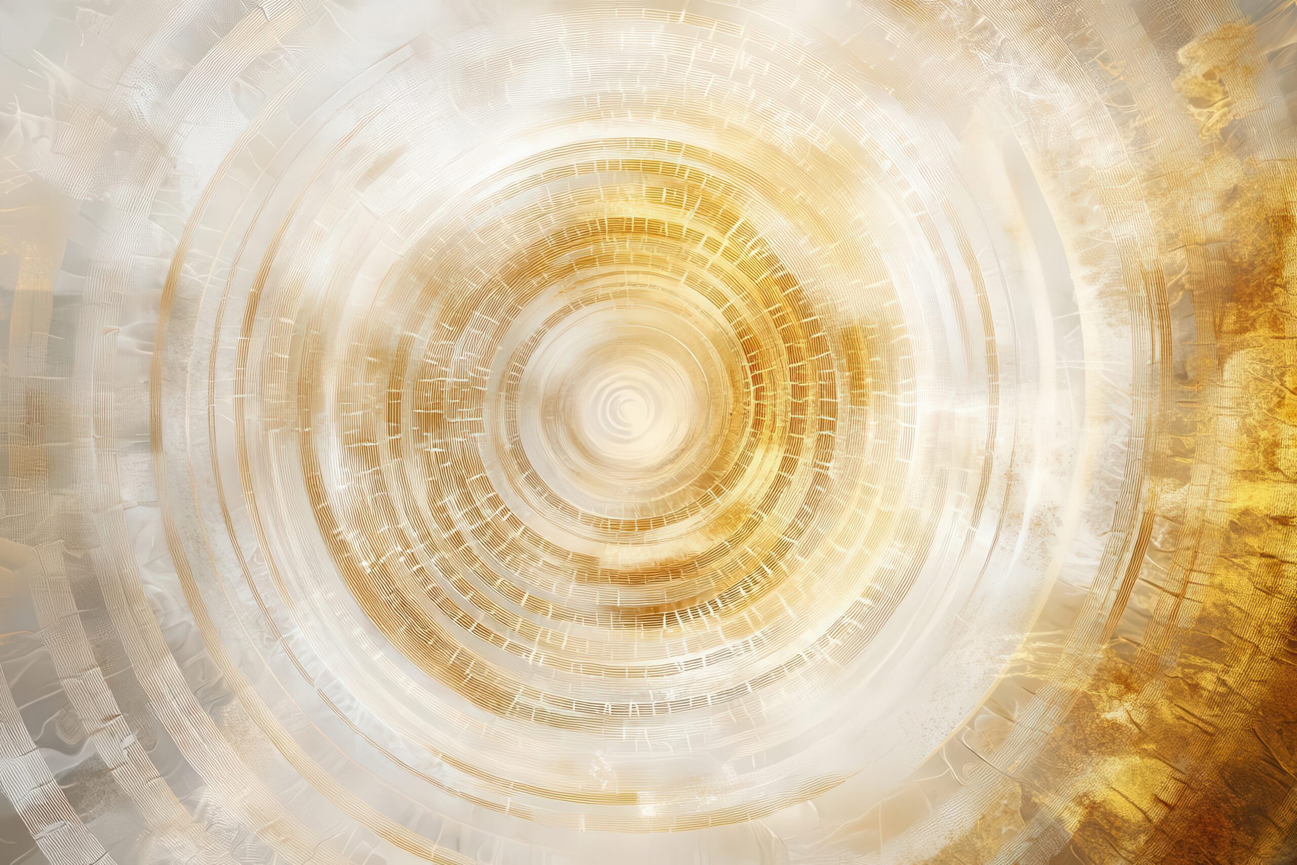 ethereal mandala-inspired meditation artwork with concentric circles in soft gold and white, flowing energy patterns creating sense of inner peace